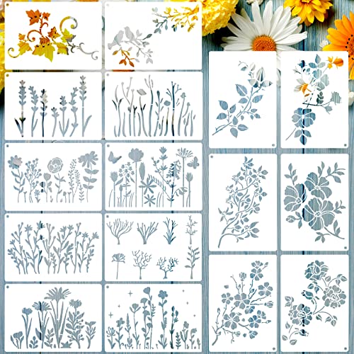 16 Pieces Wild Flower Stencils Spring Reusable Template DIY Small Flower Painting Stencils for Painting on Wood Canvas Journal Paper Fabric Floor Wall Card Decor