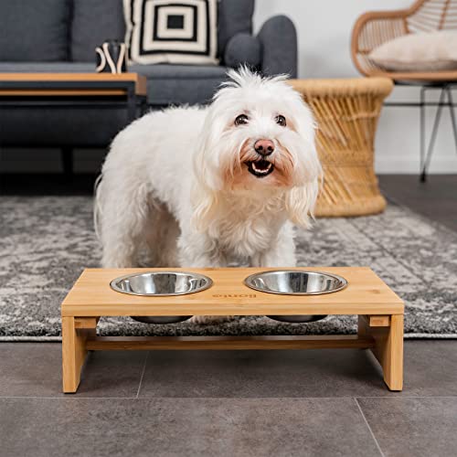 lionto erhöhter Hundenapf aus robustem & pflegeleichtem Bambus, 40x20x10 cm, doppelter Futternapf für Hunde & Katzen, 2 Edelstahlnäpfe Ø 11 cm & je 350 ml Fassungsvermögen, rutschfest & gelenkschonend