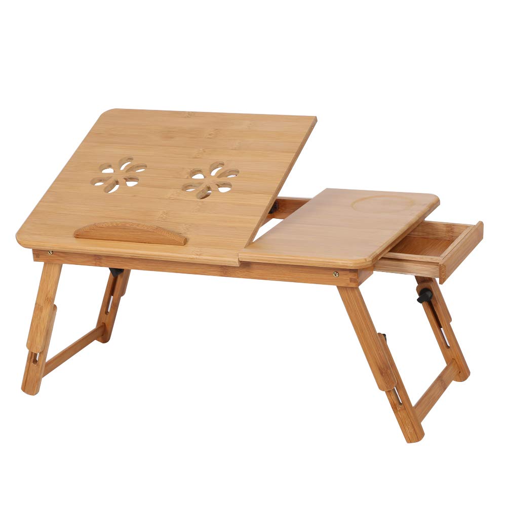 Table De Lit en Bambou Pliable, Hauteur Réglable Et Extensible pour Confort Optimal, Design Floral Double avec Ventilation Efficace, Rangement Pratique Tiroir Intégré, 50x30x20 Cm