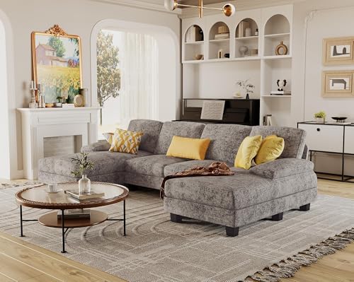 FODGOO Sectional Couches for Living Room, U-Shaped Sofa Couch with Linen Fabric, 4 Seat Sofa Set with Double Chaise for Apartment (Fabric, Grey) - 4