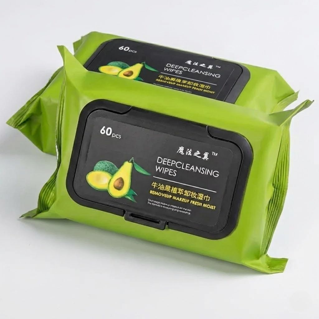 deep cleansing makeup remover wipes with avocado extract moisturizing facial cleansing wipes with flip-top lid remove waterproof makeup mascara dirt and oil (60n each_pack of 2)
