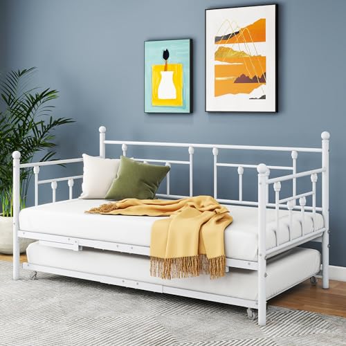 VERFARM Twin Size Metal Daybed Frame with Trundle, Premium Steel Slat Support, Heavy-Duty Twin Day Bed Sofa with Headboard for Living Room Guest Room Bedroom，White