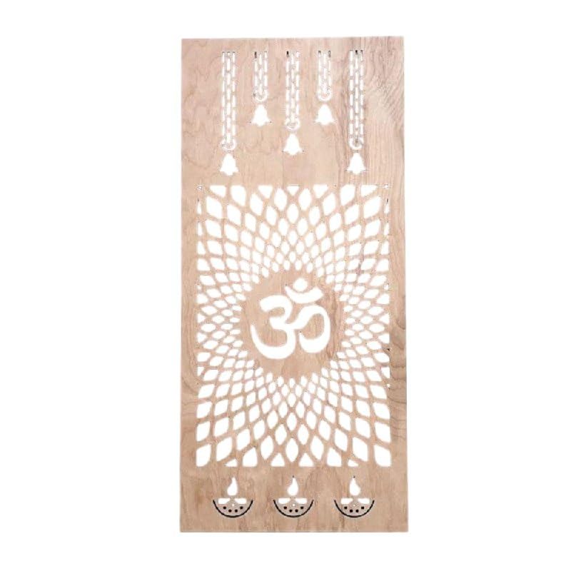 Curious Button Wooden OM Design Wall Panel with Bells & Diya Motifs | 24x9 Inch Mandir Backdrop for Puja Room Decor | Wooden Spiritual Wall Hanging for Home Temple, Meditation Room.-image-11