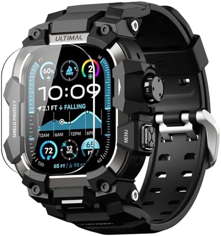 （20:00時点） ULTIMAL に対応 Apple Watch Ultra 3/Ultra 2/Ultra（49mm）用 バンド一体型保護ケース 強化ガラスフィルム付き TPU 耐衝撃 高耐久 簡単装着 通気性 アウトドア/スポーツ向け ブラック