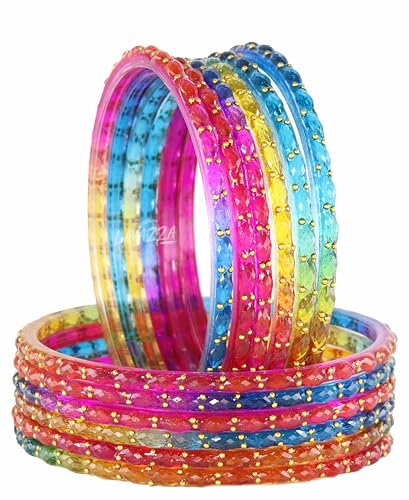 Image of LAVAZZA Raindrop Glass Bangles Set For Women & Girls with Zircon Diamond Stone & Beads | Trendy Transparent Crystal Glass Bangles | Fancy Kanch ki Chudi Set | Bangles for Wedding, Party- Set of 12