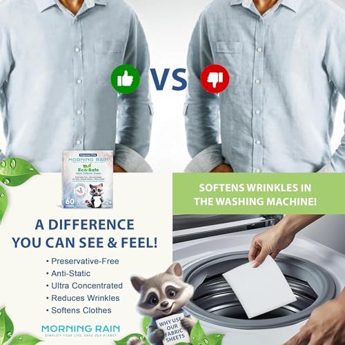 Image of MorningRain Eco Fabric Softener Sheets for Washing Machine - Fragrance-Free, Preservative-Free, Ultra-Concentrated - 30 Sheets for Up to 60 Loads, Anti-Static, Reduces Wrinkles, Softens Clothes