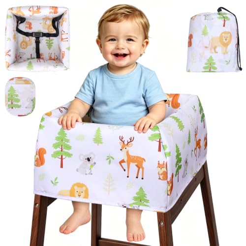 Baby High Chair Cover for Restaurants with Strap Pads & 3-Point Harness | Waterproof Portable Highchair Cover, Machine Washable, Fits Wooden Chairs for Toddler Dining Out, Forest Animals