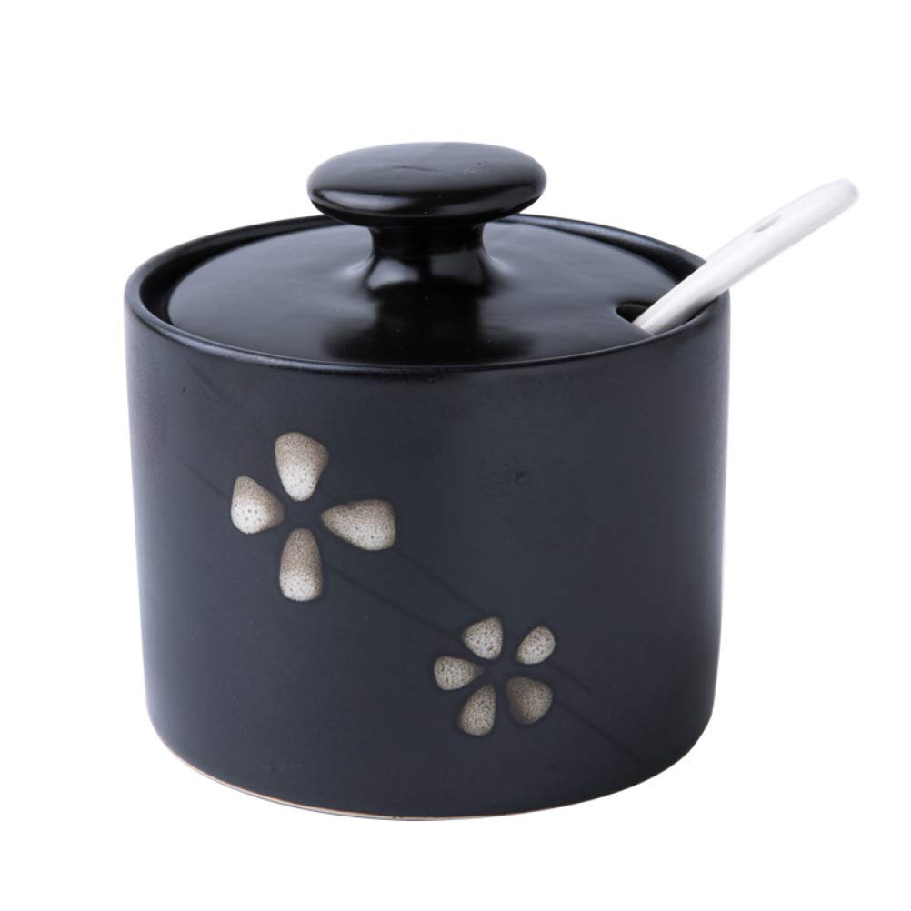 Dalilylime Simple Japanese Style Ceramic Floral Sugar Bowl Saltbox with Lid and Spoon 10 Ounces