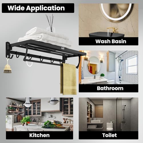 Image of Gloxy Premium Towel Holder in Bathroom with Towel Rod & Hooks - 24 Inch Black Matte Finish Stainless Steel Bathroom Towel Hanger for Wall Mount - Bathroom Towel Stand for Bathroom Accessories Set