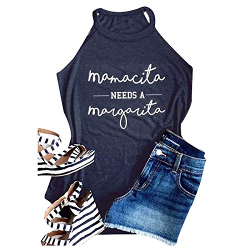 Women Mamacita Needs A Margarita Tank Top Funny Round Neck Sleeveless Tshirt Vest Tee Size L (Navy Blue)