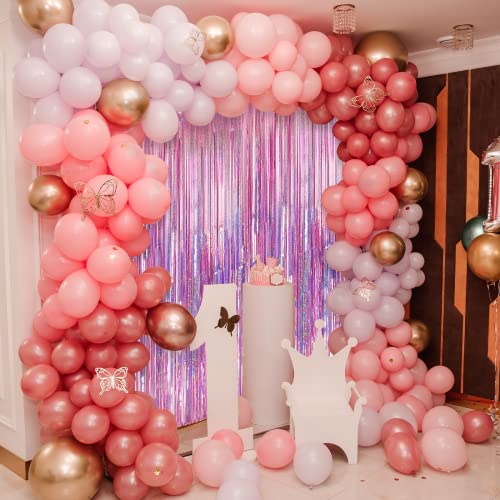 Image of Crosize 5 Pack 3.3 x 9.9 ft Laser Pink Foil Fringe Curtains Party Decorations, Laser Pink Tinsel Curtain Backdrop for Parties, Door Streamers, Glitter Streamer Backdrop for Birthday Decoration