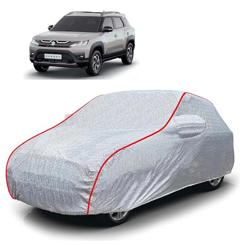 Image of Sulfar 100% Waterproof Car Body Cover Compatible with Mirror for Maruti Suzuki Breeza (Triple Stitched, Full Bottom Elastic, Magic Silver with Red Piping)