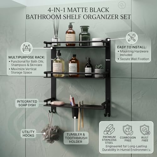 Image of GRIVAN Stainless Steel 3-Tier Bathroom Accessories Set - Heavy Duty Bathroom Shelves with Dual Soap Holder, Toothbrush Holder & Tumbler | Wall Mounted Bathroom Organizer