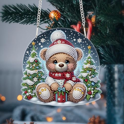 Image of AiYuanzsh 5D DIY Large Christmas Diamond Art Hanging Kits for Adults | Crystal Diamond Painting Suncatchers, Bear Doll and Christmas Tree, Wall, Window & Door Decoration, Home Holiday Gift