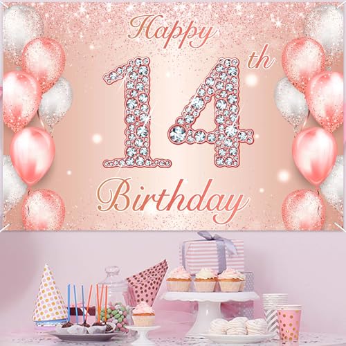 Image of Happy 14th Birthday Rose Gold Banner Cheers to 14 Years Old Backdrop Confetti Balloons Theme Decor for Girls 14 Years Old Pink Birthday Party Decorations Bday Supplies Background Favors Gift Glitter
