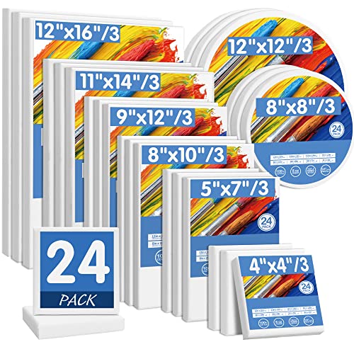 Image of FIXSMITH 24 Pack Stretched Canvases, Multi Pack - 4x4, 5x7, 8x10, 9x12, 11x14, 12x16, Round Canvas 12x12, 8x8 (3 of Each), 100% Cotton, Primed Canvases for Acrylic, Oil, Wet or Dry Art Media