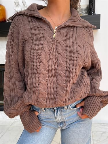 Women Cute Chunky Cable Knit Sweater Long Sleeve Quarter Zip Pullover Jumper Y2K Trendy Cozy Going Out Tops Knitwear3