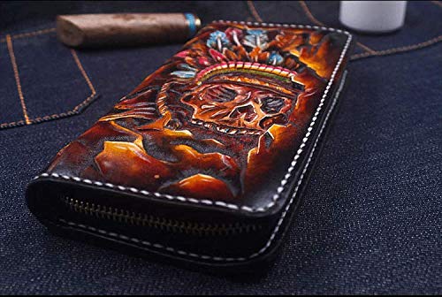 Men's 3D Genuine Leather Wallet, Long Wallet, Biker Wallet, Hand-Carved, Hand-Painted, Leather Carving, Custom Wallet, Personalized Wallet, Indian Skull And Masked Wrestler, Wwe #TOP2