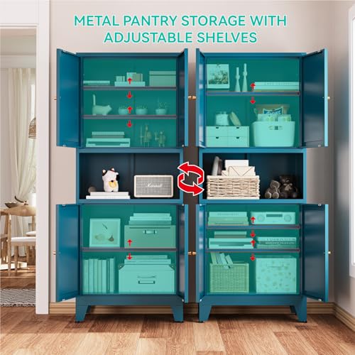 Image of 69 inch Tall Pantry Cabinet with Open Shelf,13.78 inchDeep By 28 inch Wide Storage Cabinet with Doors and Adjustable Shelves,Microwave Stand,for Kitchen Dining Room Living Room Bathroom,Teal Blue,1Pc