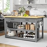 DynJest 47.3' Solid Rubberwood Kitchen Island with Power Outlets - Extra Large Work Surface, 2 Drawers & Open Shelves Storage Cabinet for Kitchen Dining Room, Farmhouse Style (Grey)