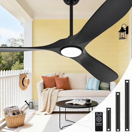 Image of Black Ceiling Fan with Light 52 Inch, Outdoor Ceiling Fans with Lights and Remote for Indoor Bedroom Living Room Patios Gazebo Modern Wooden 3 Blade Propeller Wet Rated Reversible DC Fan