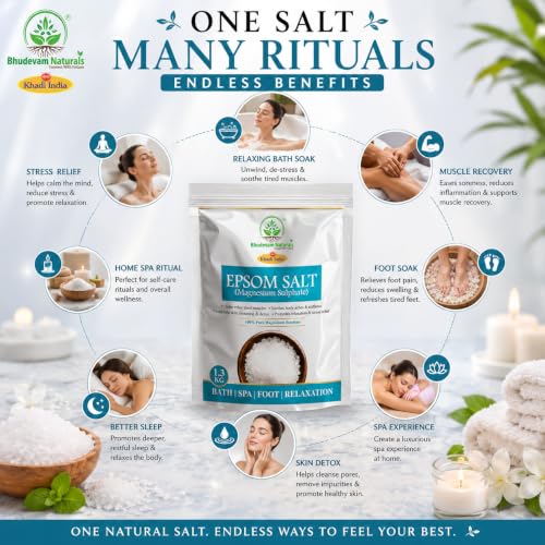Image of Khadi Premium Grade Pure Epsom Salt for Muscle Pain Relief, Stress Reduction & Detox | 100% Pure Magnesium Sulfate Bath Soak for Relaxation, Skin Care & Foot Spa - 1.3KG