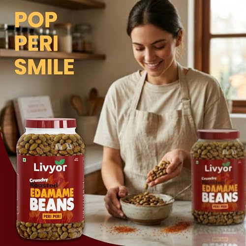 Image of Livyor Crunch Roasted Edamame Beans 1kg | Peri Peri Flavour | Roasted not fried | Plant based healthy snack | High Protein Snack | Gluten Free | Vegan | High In fibre | 500g*2