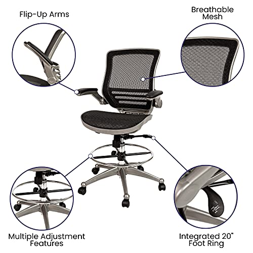 Image of Flash Furniture Waylon Mid-Back Swivel Office Chair with Adjustable Foot Ring and Seat Height, Ergonomic Mesh Chair with Armrests, Black /Silver