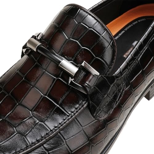 Image of Mens Leather Penny Loafers, Classic Crocodile Printed Business Dress Shoes with Metal Buckle Slip on Penny Shoes for Mens