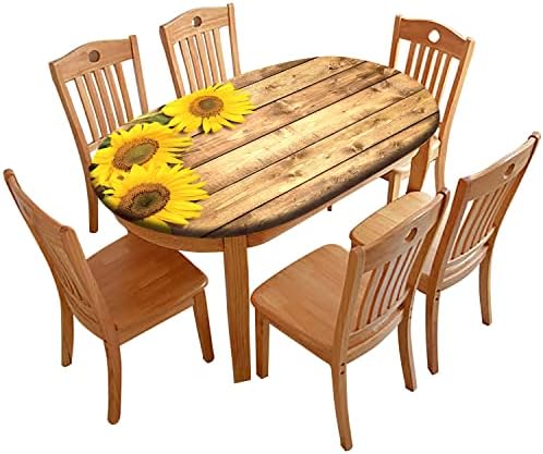 Atury Sunflower Oval Fitted Tablecloths, Wood Grain Farmhouse Style Elastic Edged Table Cover, Waterproof Table Cloth Wrinkle Resistant Decor Indoor Family Banquet Use Fits Oblong 48" X 68" Table