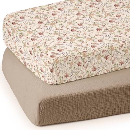 Image of lulumoon Mini Crib Sheets Muslin: Soft Cotton Fitted Mini Crib Mattress Sheets for Boys and Girls 2Pack