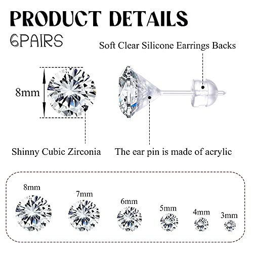 Jstyle 6Pairs Clear Plastic Post Stud Earrings for Women Plastic Earrings for Sensitive Ears Cubic Zirconia Stud Earrings Set 3mm-8mm2