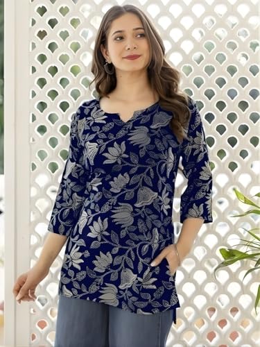 Image of Women's Cotton Printed Short Kurti, Round Neck, Three Quarter Sleeve, Straight Fit, Pack of 2