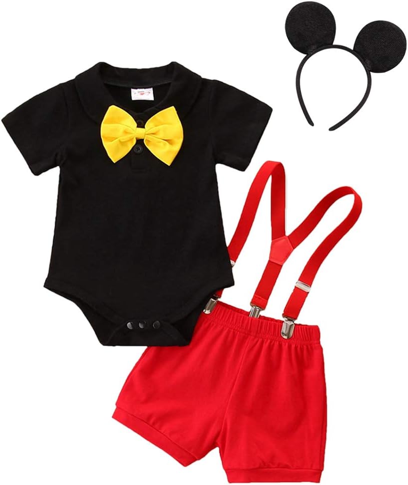 IBTOM CASTLE Gentleman First Birthday Cake Smash Outfits for Baby Boys Formal Suit Bowtie Bib Pants Ears Halloween Set - Image 2