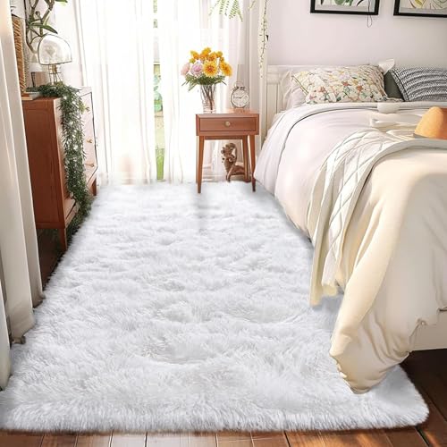 Tapis shaggy moderne blanc résistant pour salon familial avec dos antidérapant intégré