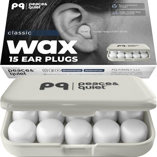 Peace&Quiet PQ Wax Ear Plugs for Sleeping, Swimming - 15 Soft Noise Cancelling Silicone Gel Wax Earplugs for Sleep and Swimmers, Ear Protection with Sound Blocking Level of 32 Db, (15-Pillows)