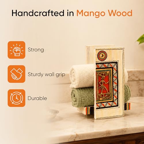 Image of Aakriti Art Creations Abstract Art Wooden Towel Holder | Wise Owl Hand-Painted Wall Painting | Matte Finish Brown Wall Mounted Towel Holder for Bath & Wash Area