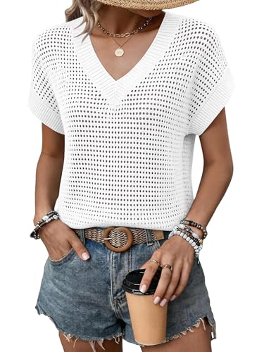 Bellcoco Crochet Tops for Women Summer Sweaters Vest Cap Sleeve V Neck Hollow Out Cover Up Knit Tank Top Pullover Beach Vacation Clothes White M