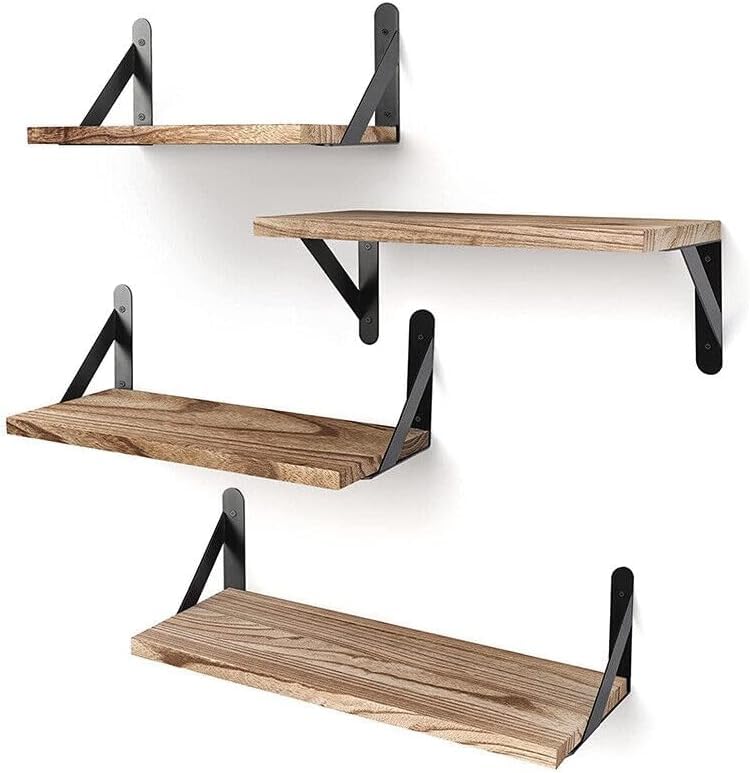 M.J COMFY-LIFE Floating Shelves Set of 4- Wood Wall Mounted Shelves for Bedroom, Bathroom & Living Room | Rustic Wooden Wall Shelves with Metal Brackets | Easy Install