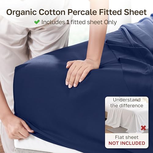 Image of California Design Den 100% Organic Cotton King Fitted Sheets, Navy | GOTS Certified, Crisp & Airy Percale, 15 inch Deep Pocket, All-around Elastic, No-Pop Fit, Durable, Easy Care, Backed by GH Seal