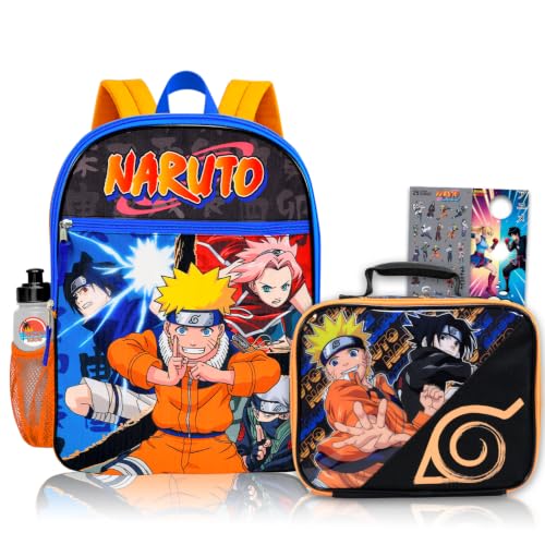 Naruto Backpack with Lunch Box - Bundle with 16 Anime Backpack Lunch Bag Stickers Water Bottle More | Naruto School Bag for Kids Boys Girls