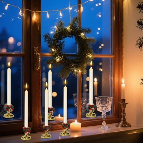Image of Wondise Flameless Window Candles with Remote Timer, Battery Operated Taper Candles with Wreath, 3D Wick Flickering for Christmas Decoration, Removable Suction Cups and Gold Holders Included (6 Packs)