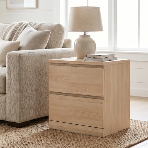 Image of Signature Design by Ashley Onita Two Drawer Nightstand, Minimalist Hardwareless Wood Look, Compact Bedroom Storage, Natural Beige, 20 Inch
