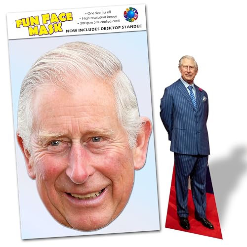Party People 1 x King Charles III - Ready To Wear Celebrity Face Mask Includes Freestanding 20cm Desktop Standee Card Cutout - Standee King C