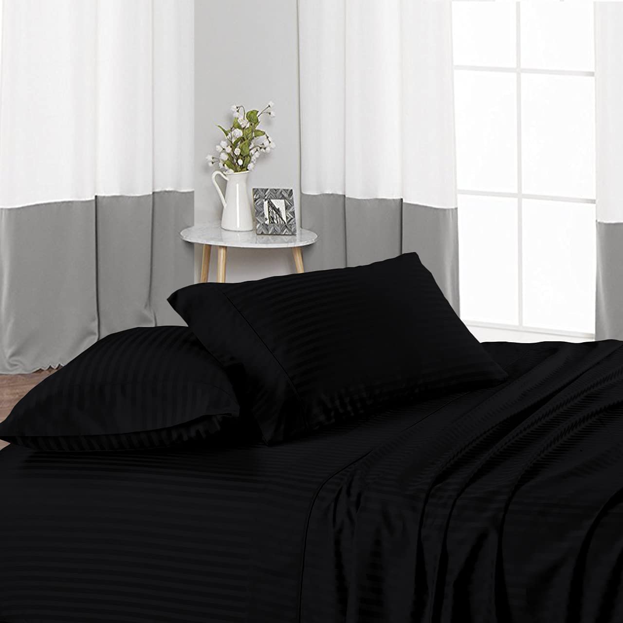 100% Long Staple Egyptian Cotton 4 Piece Sheet Set + 1 Duvet Cover with Zipper, 400 Thread Count Bedding with 55cm Deep Pocket Fitted Sheet - Black Stripe, Single Size 5 Piece Sheet Set. — image 1