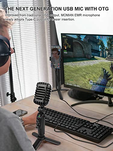 Moman Retro USB Mikrofon PC Gaming, 16-mm-Membran Handy Microphone 192kHz/24bit mit Stativ Tischmikrofon Typ-C Kabel OTG… – Bild 7