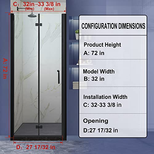 Grogro Frameless Glass Shower Door,32-33.5" W X 72" H Bifold Shower Door,1/4 In Thick Clear Tempered Glass Shower Doors,Matte Black Finish Pivot Shower Door,Left Or Right Installation #TOP3