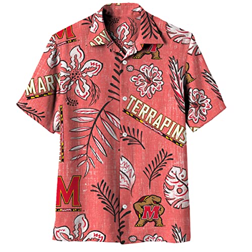 Wes and Willy Mens Hawaiian Short Sleeve Shirt (Maryland Terrapins, XL) Red