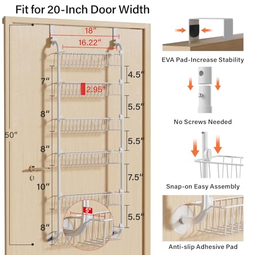 Image of Delamu Over the Door Pantry Organizer, 6-Tier Pantry Organizers and Storage, Metal Cabinet Door Organizer, Hanging Spice Rack Shelves for Home & Kitchen, D5 x W18 x H50 inch, White