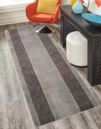 Washable Custom Size Runner Rug Meander Design Grey and Black, (4 Feet Length x 26 Inch Width) Custom Cut Slip Resistant Rubber Backing Runner Rugs, Extra Long Runner Rugs for Hallways